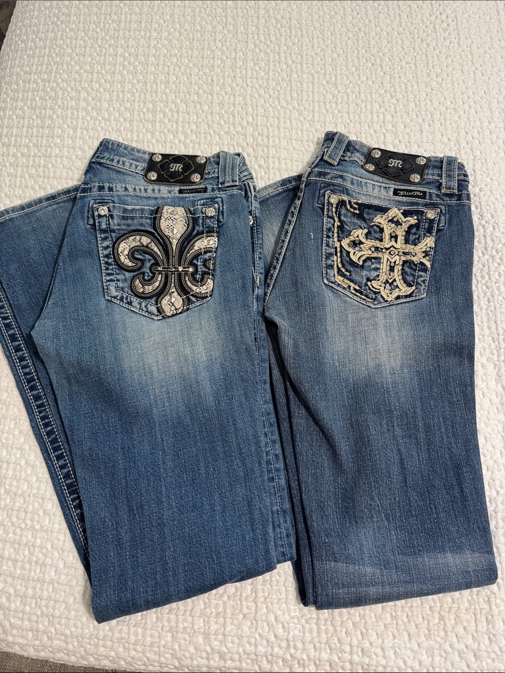 Miss Me Women's Blue Embroidered Fleur & Cross Boot Cut Jeans